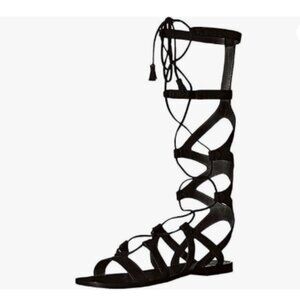 YDN Black Sexy Knee High Lace up Flats Fringe Low Heel Gladiator Strap Sandals